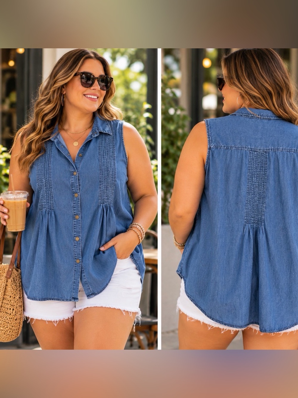 Terra + Sky Denim-Look Sleeveless Chambray Shirt W/Pintuck Pleats. Size 2X.